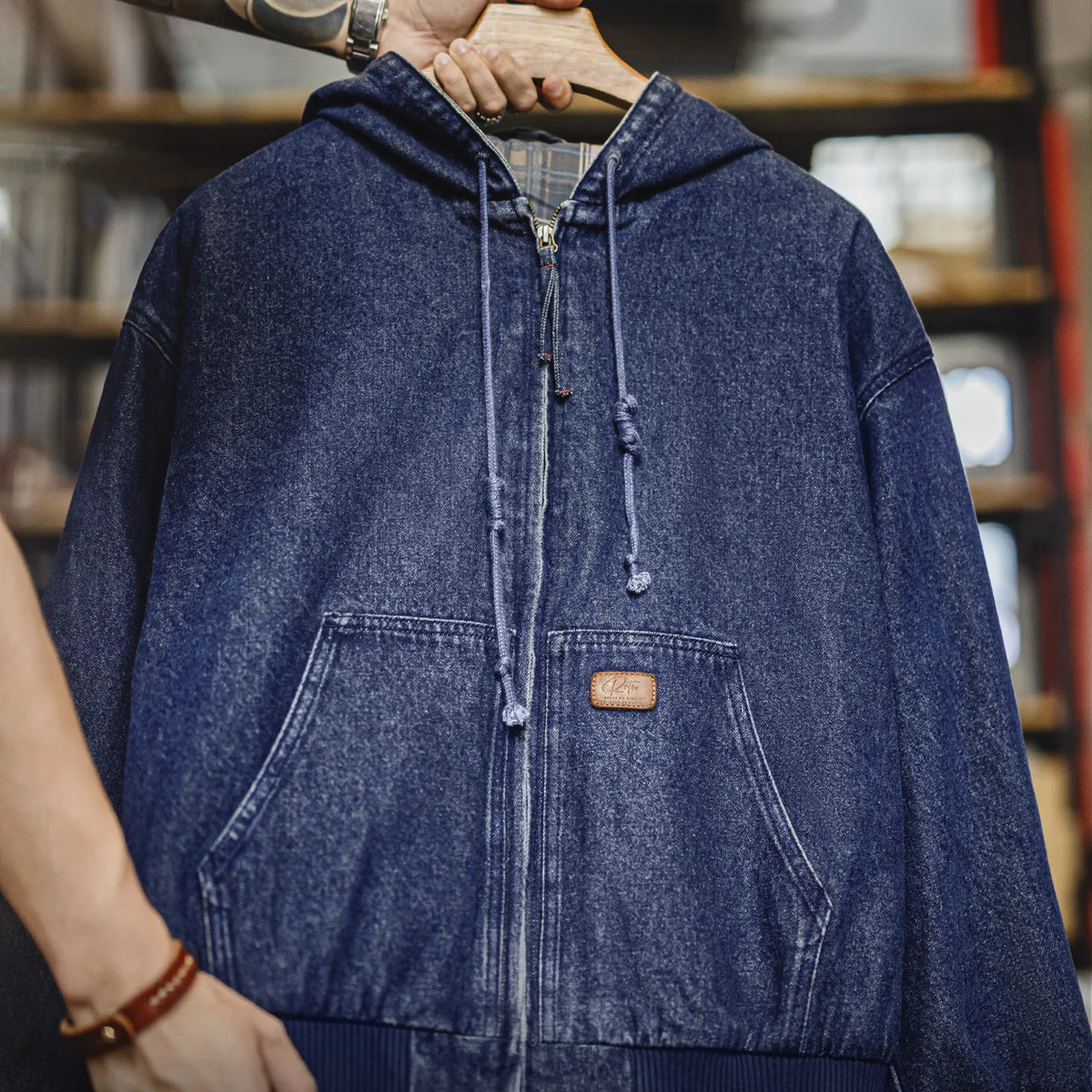 Vintage J130 10.5oz Washed Aged Hooded Denim Jacket Men